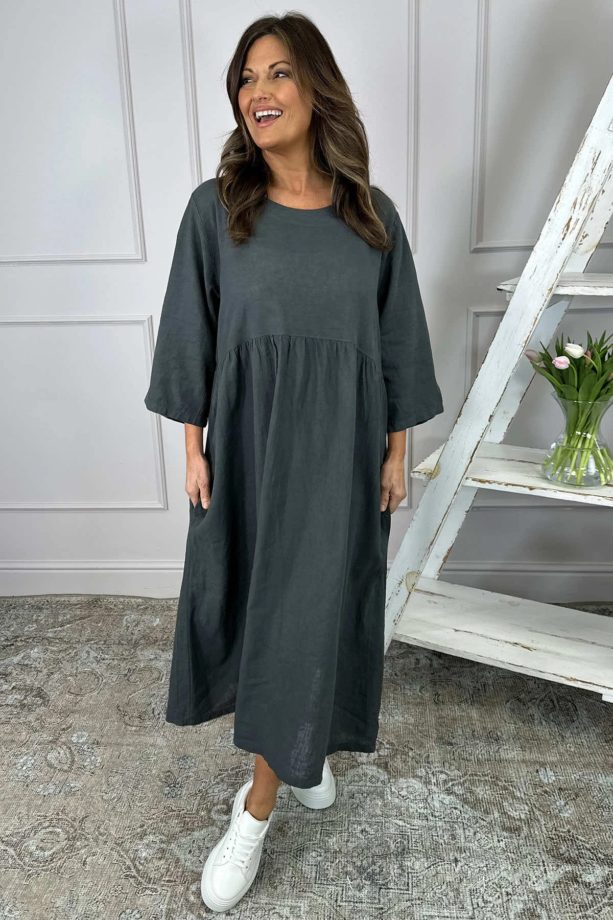 Francesca Linen Dress Charcoal 4 Francesca Linen Dress Charcoal - Image 2