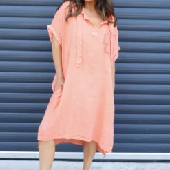 Carlina Hooded Flower Detail Linen Dress Orange