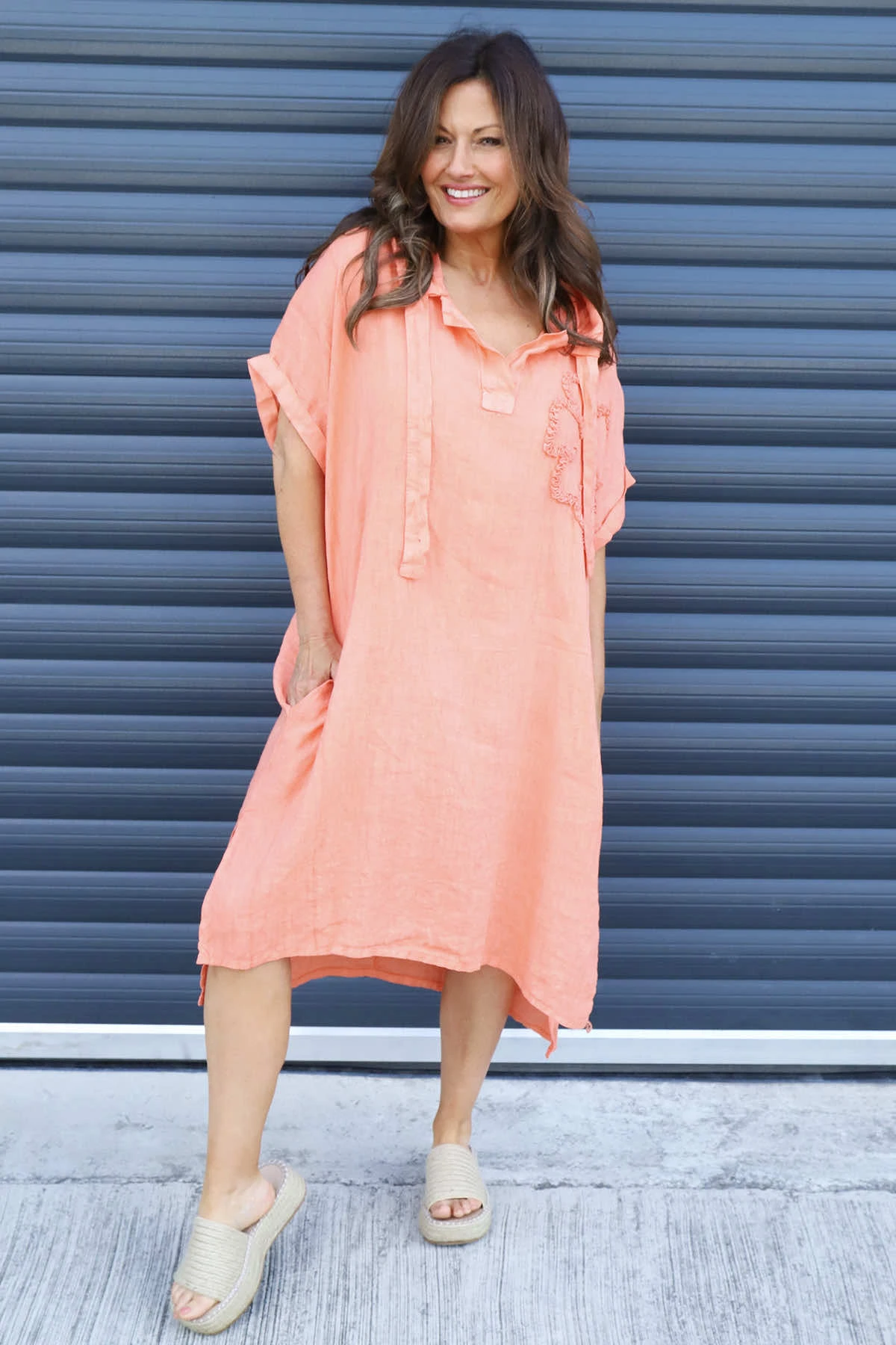 Carlina Hooded Flower Detail Linen Dress Orange 3 Carlina Hooded Flower Detail Linen Dress Orange