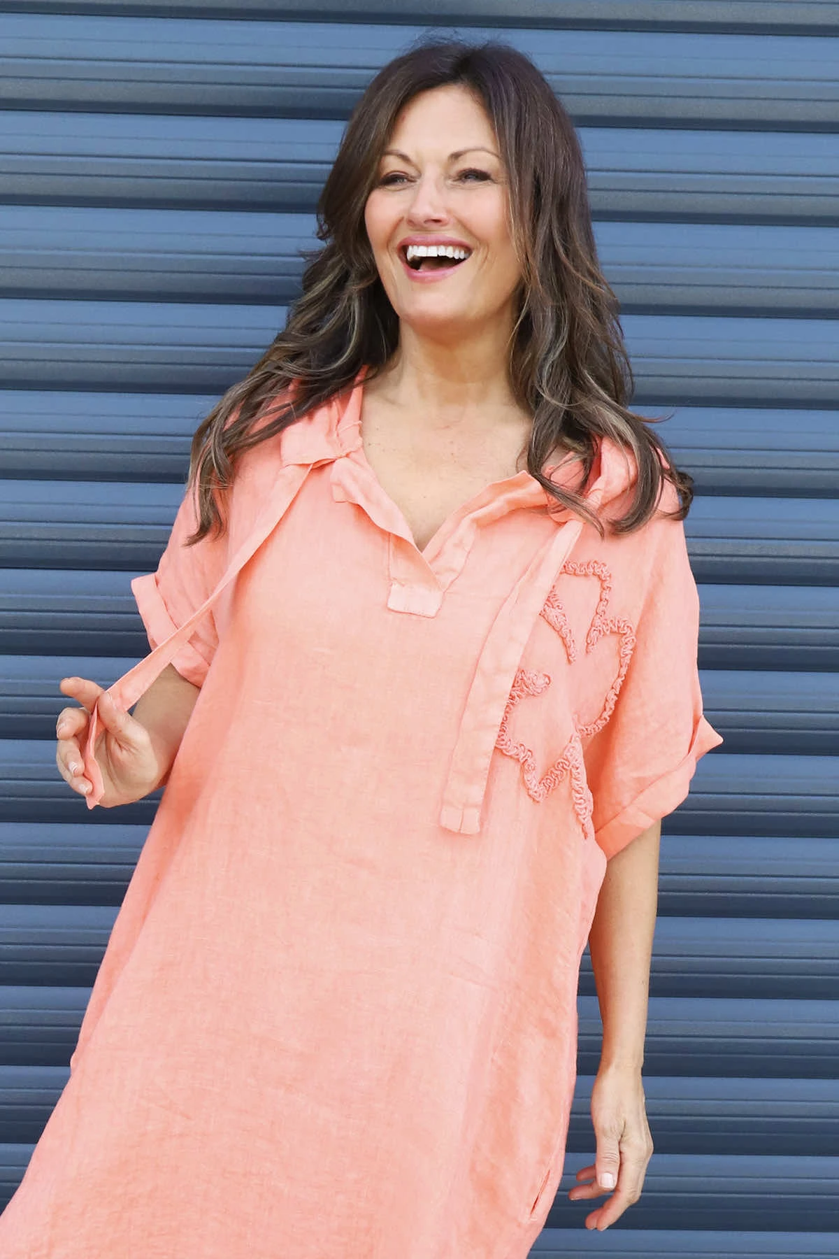 Carlina Hooded Flower Detail Linen Dress Orange 4 Carlina Hooded Flower Detail Linen Dress Orange - Image 2