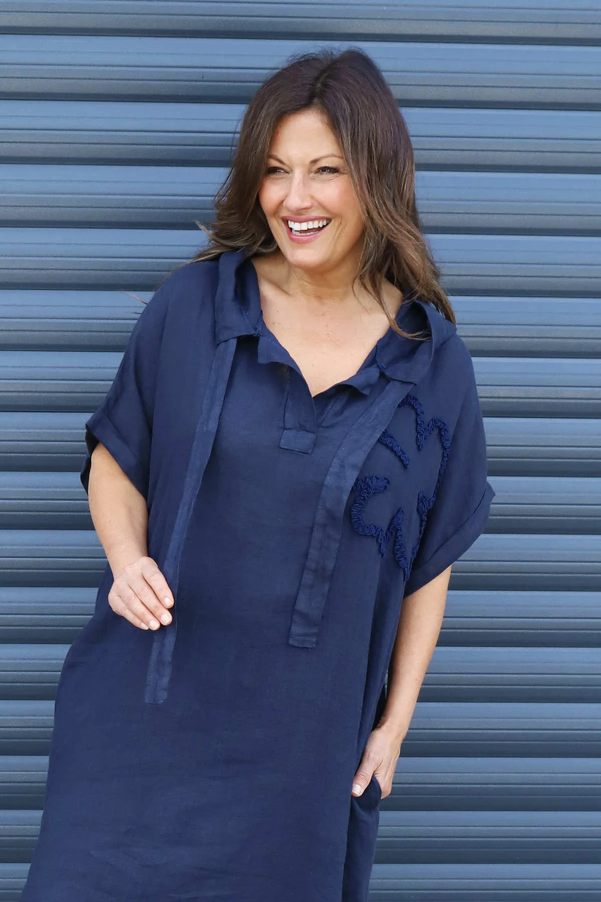 Carlina Hooded Flower Detail Linen Dress Navy 4 Carlina Hooded Flower Detail Linen Dress Navy - Image 2