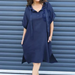 Carlina Hooded Flower Detail Linen Dress Navy