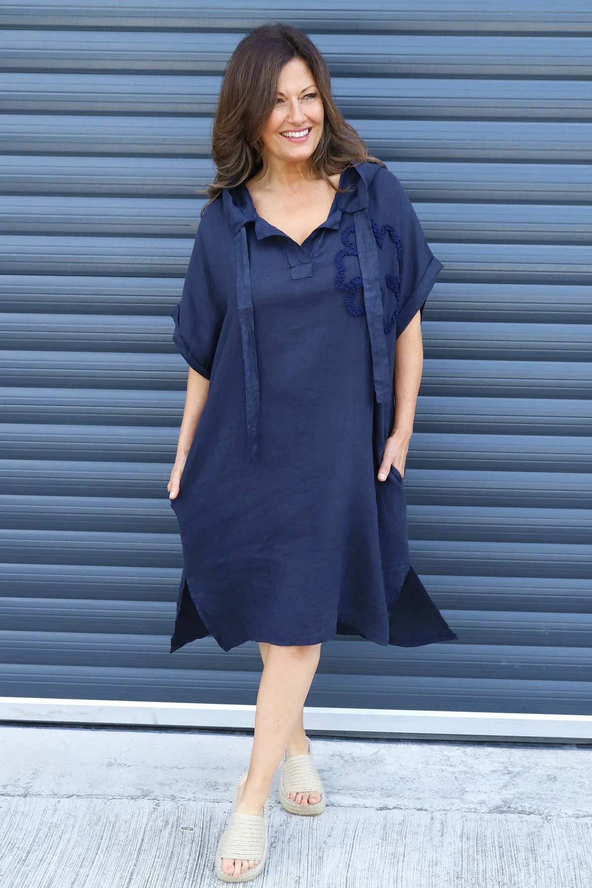 Carlina Hooded Flower Detail Linen Dress Navy 3 Carlina Hooded Flower Detail Linen Dress Navy