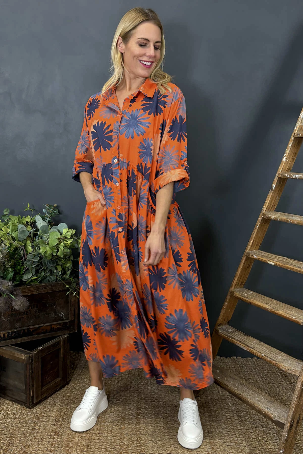 Veronica Print Button Cotton Dress Orange 4 Veronica Print Button Cotton Dress Orange - Image 2