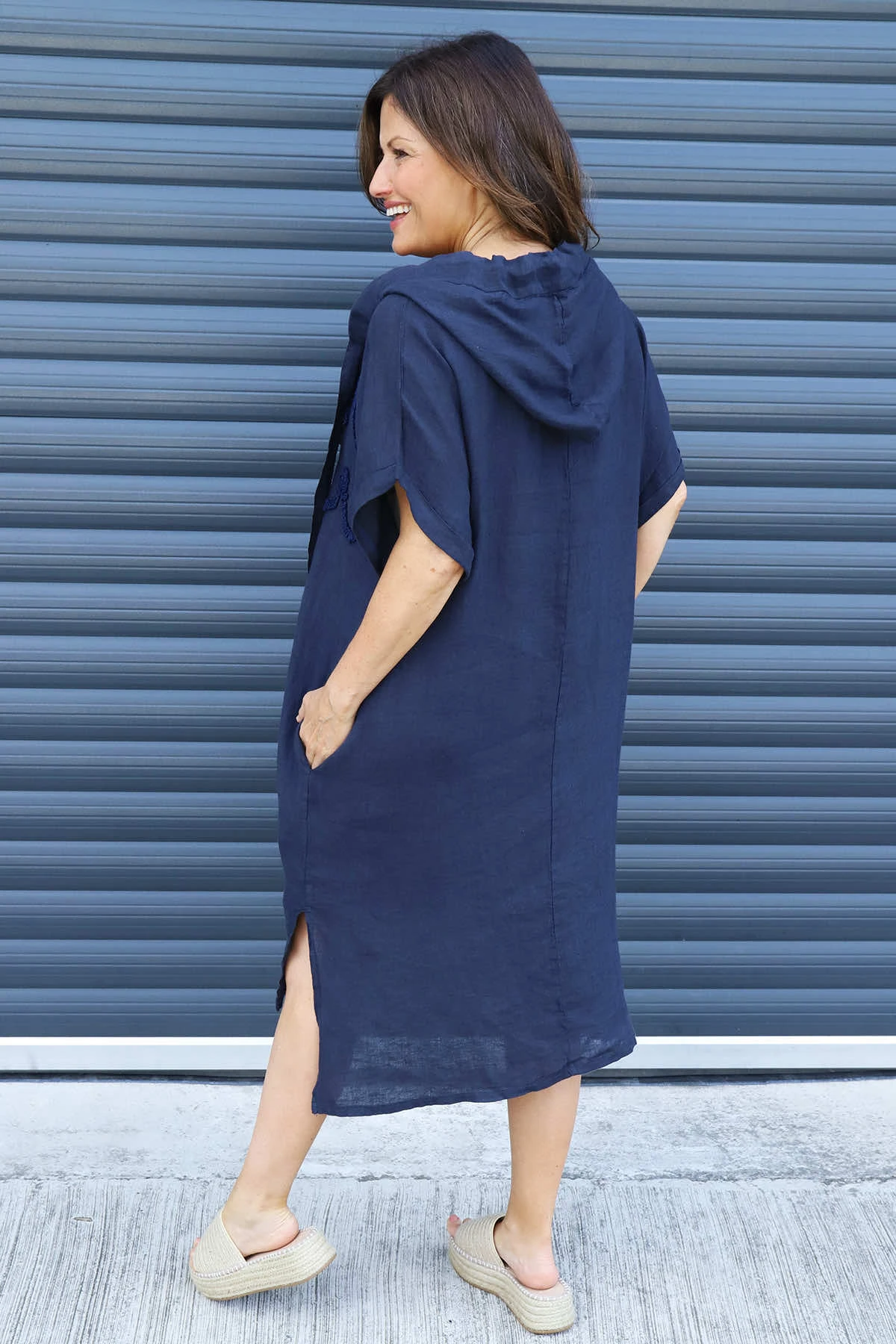 Carlina Hooded Flower Detail Linen Dress Navy 6 Carlina Hooded Flower Detail Linen Dress Navy - Image 4