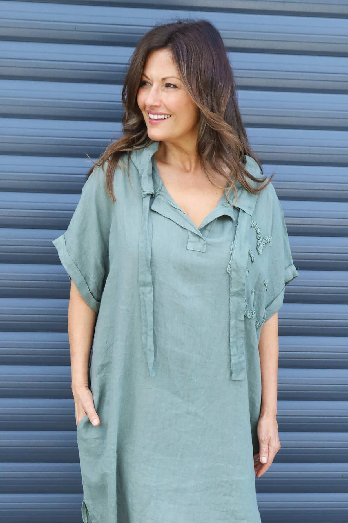 Carlina Hooded Flower Detail Linen Dress Khaki 5 Carlina Hooded Flower Detail Linen Dress Khaki - Image 3