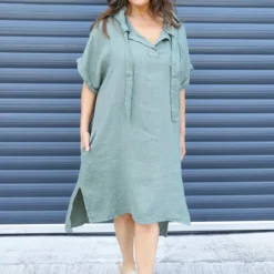 Carlina Hooded Flower Detail Linen Dress Khaki