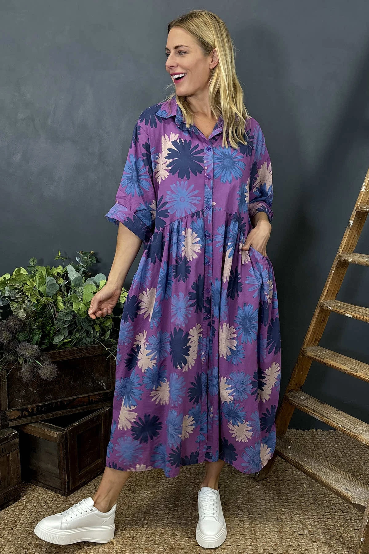 Veronica Print Button Cotton Dress Purple 4 Veronica Print Button Cotton Dress Purple - Image 2