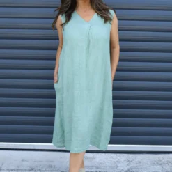 Everly Sleeveless Linen Dress Sage Green
