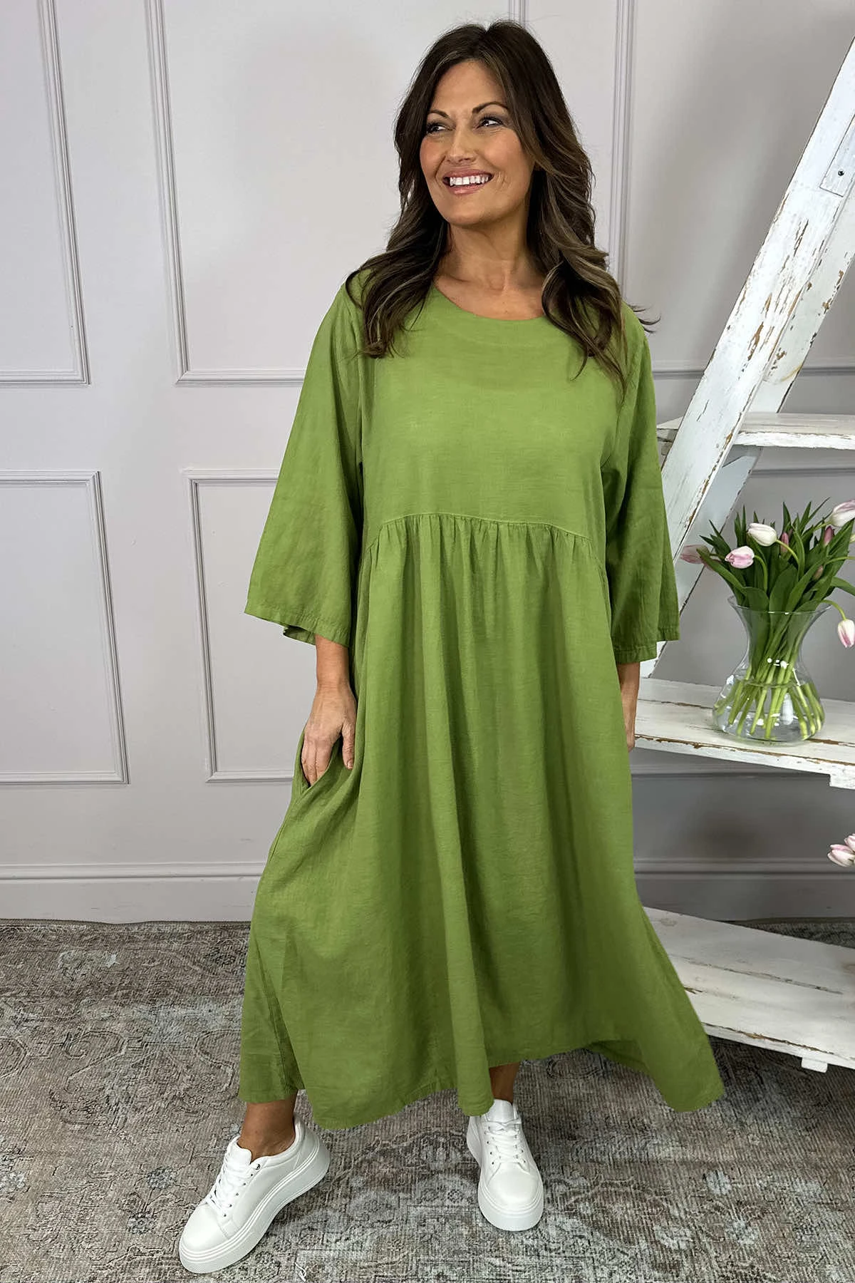 Francesca Linen Dress Olive 4 Francesca Linen Dress Olive - Image 2