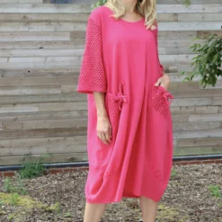 Cadie Crochet Detail Linen Dress Hot Pink