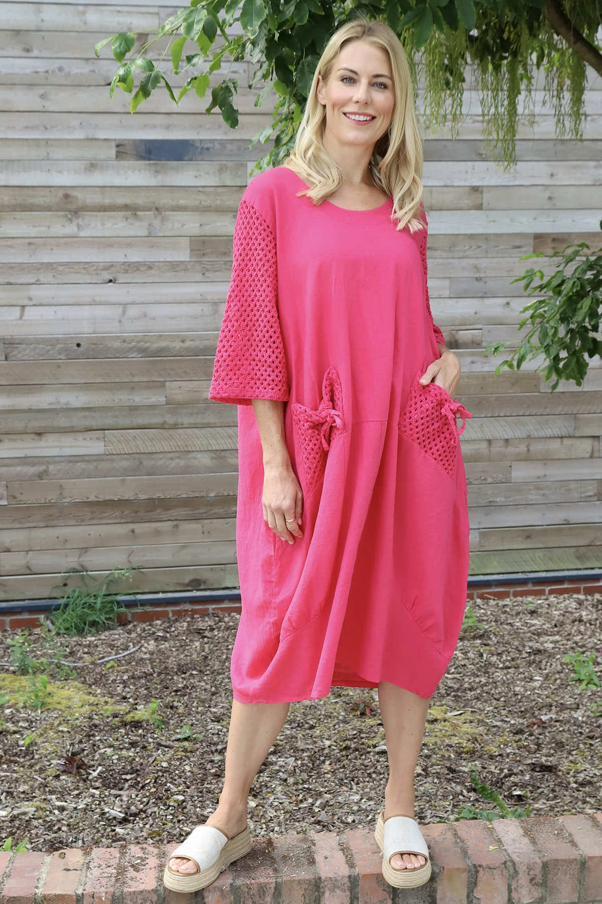 Cadie Crochet Detail Linen Dress Hot Pink 3 Cadie Crochet Detail Linen Dress Hot Pink