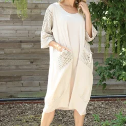 Cadie Crochet Detail Linen Dress Stone