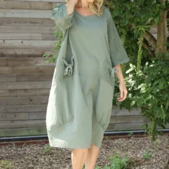 Cadie Crochet Detail Linen Dress Khaki