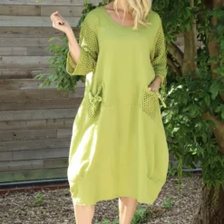 Cadie Crochet Detail Linen Dress Olive