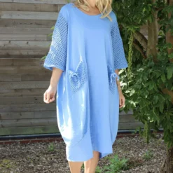 Cadie Crochet Detail Linen Dress Powder Blue