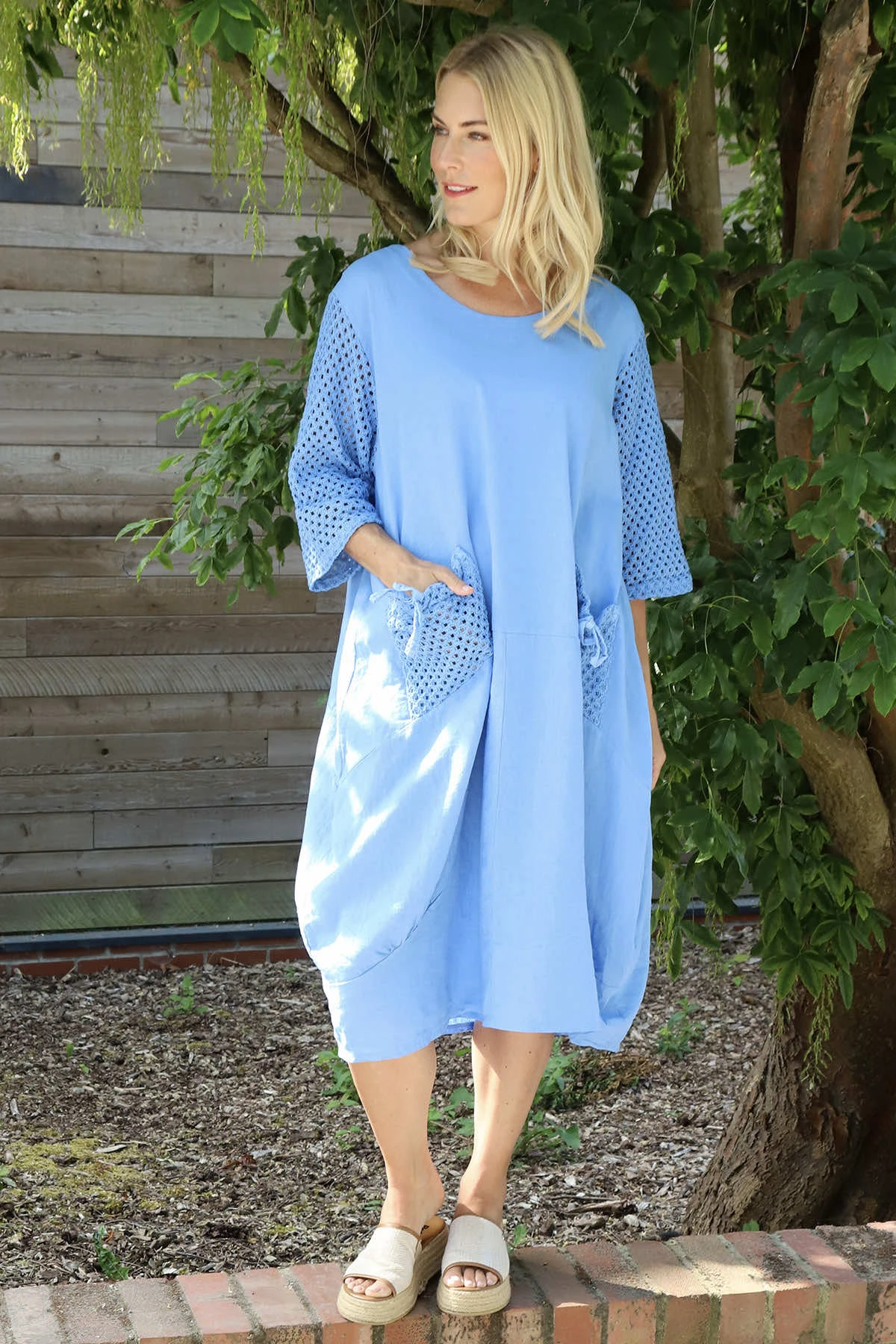 Cadie Crochet Detail Linen Dress Powder Blue 4 Cadie Crochet Detail Linen Dress Powder Blue - Image 2