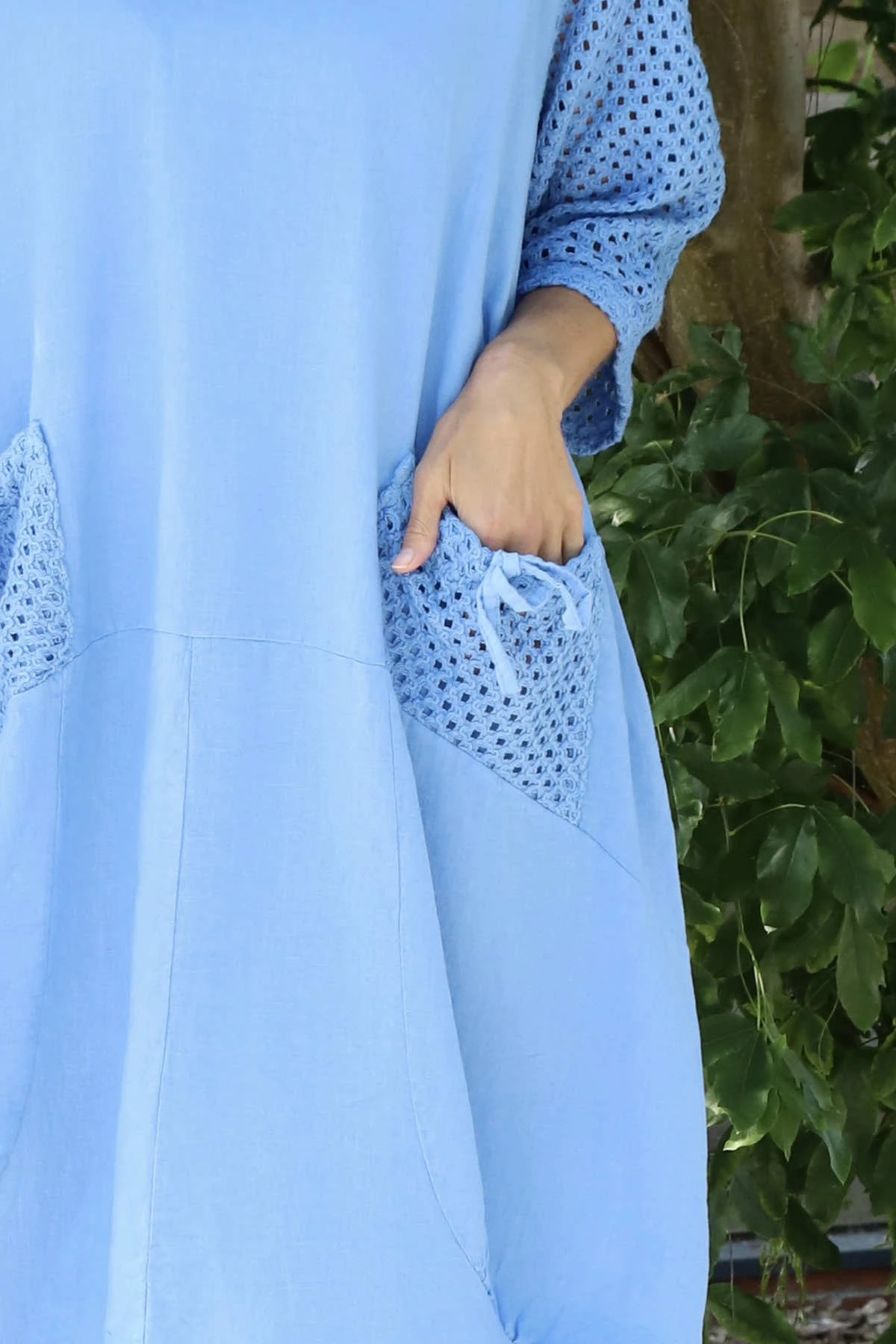 Cadie Crochet Detail Linen Dress Powder Blue 5 Cadie Crochet Detail Linen Dress Powder Blue - Image 3