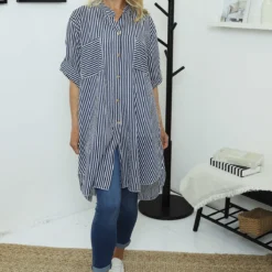 Martza Stripe Cotton Shirt Navy