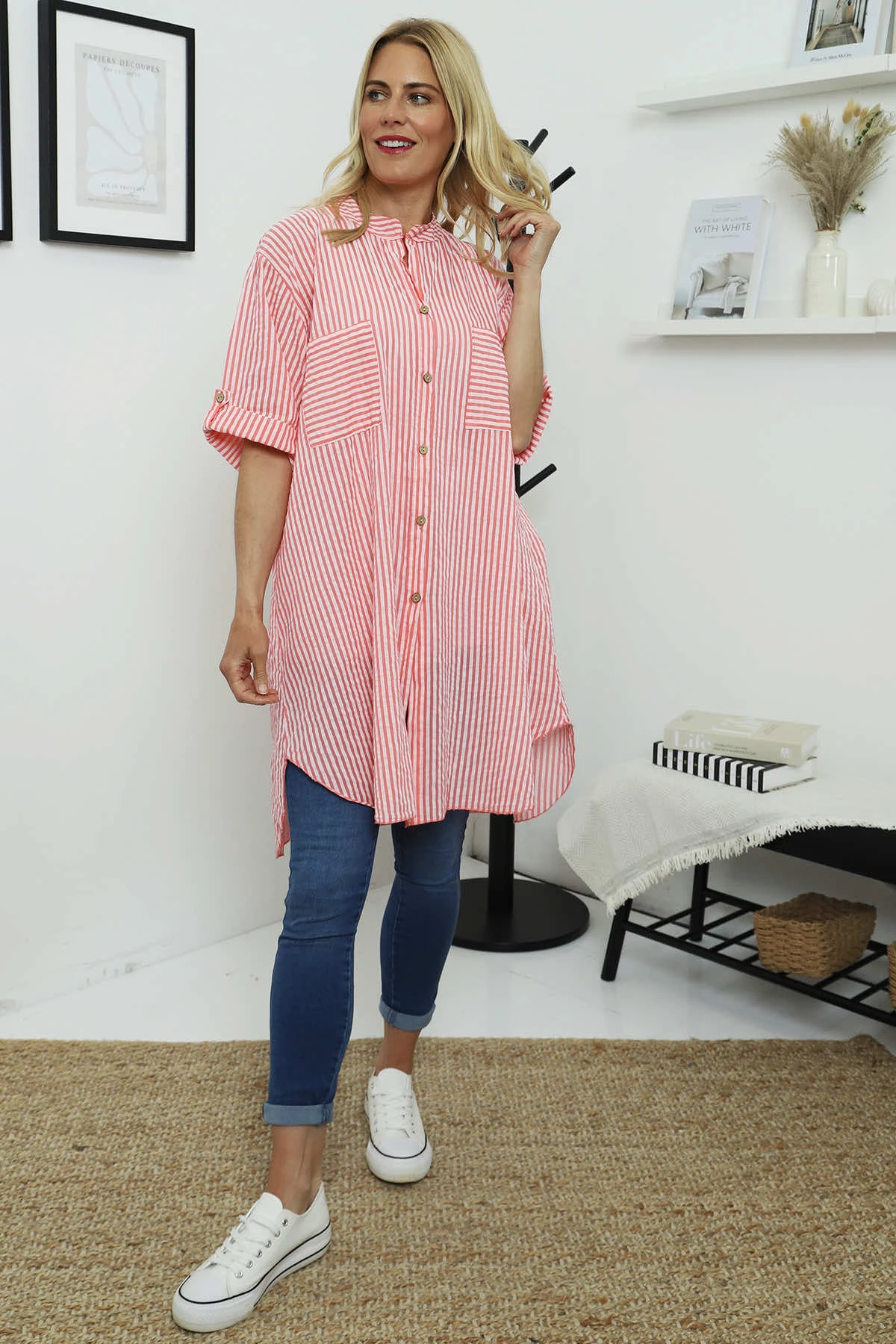 Martza Stripe Cotton Shirt Coral 3 Martza Stripe Cotton Shirt Coral