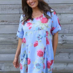Jolee Floral Print Linen Dress Powder Blue