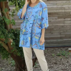 Pescare Print Linen Top Powder Blue