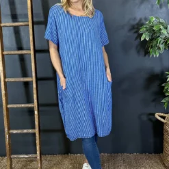 Phoebe Stripe Cotton Dress Cobalt
