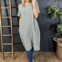 Phoebe Stripe Cotton Dress Khaki