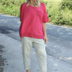 Kristiana Crochet Detail Linen Top Fuchsia
