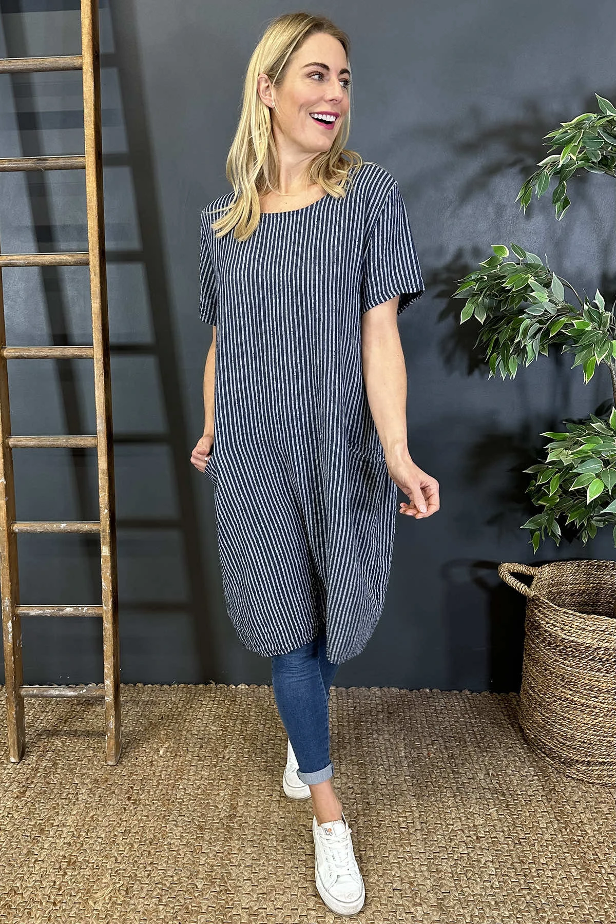 Phoebe Stripe Cotton Dress Navy 4 Phoebe Stripe Cotton Dress Navy - Image 2