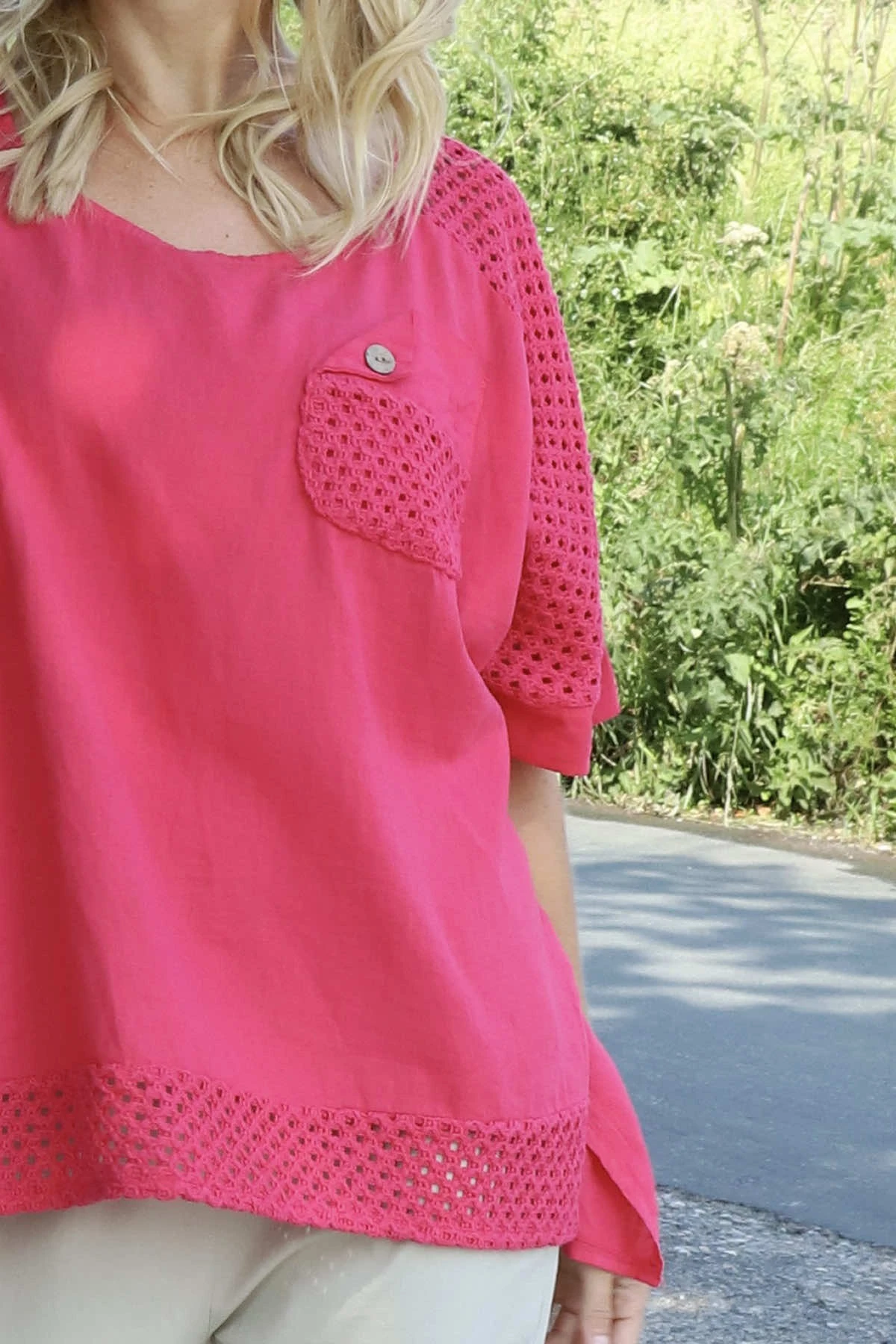 Kristiana Crochet Detail Linen Top Fuchsia 5 Kristiana Crochet Detail Linen Top Fuchsia - Image 3