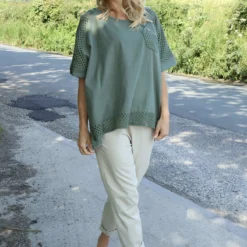 Kristiana Crochet Detail Linen Top Khaki