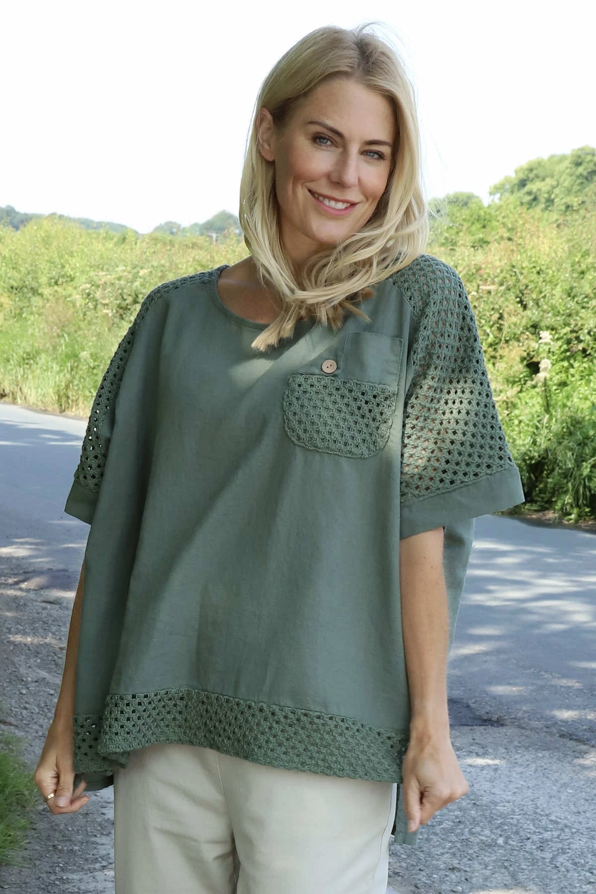 Kristiana Crochet Detail Linen Top Khaki 4 Kristiana Crochet Detail Linen Top Khaki - Image 2