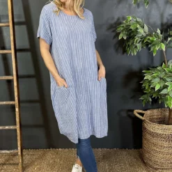 Phoebe Stripe Cotton Dress Blue