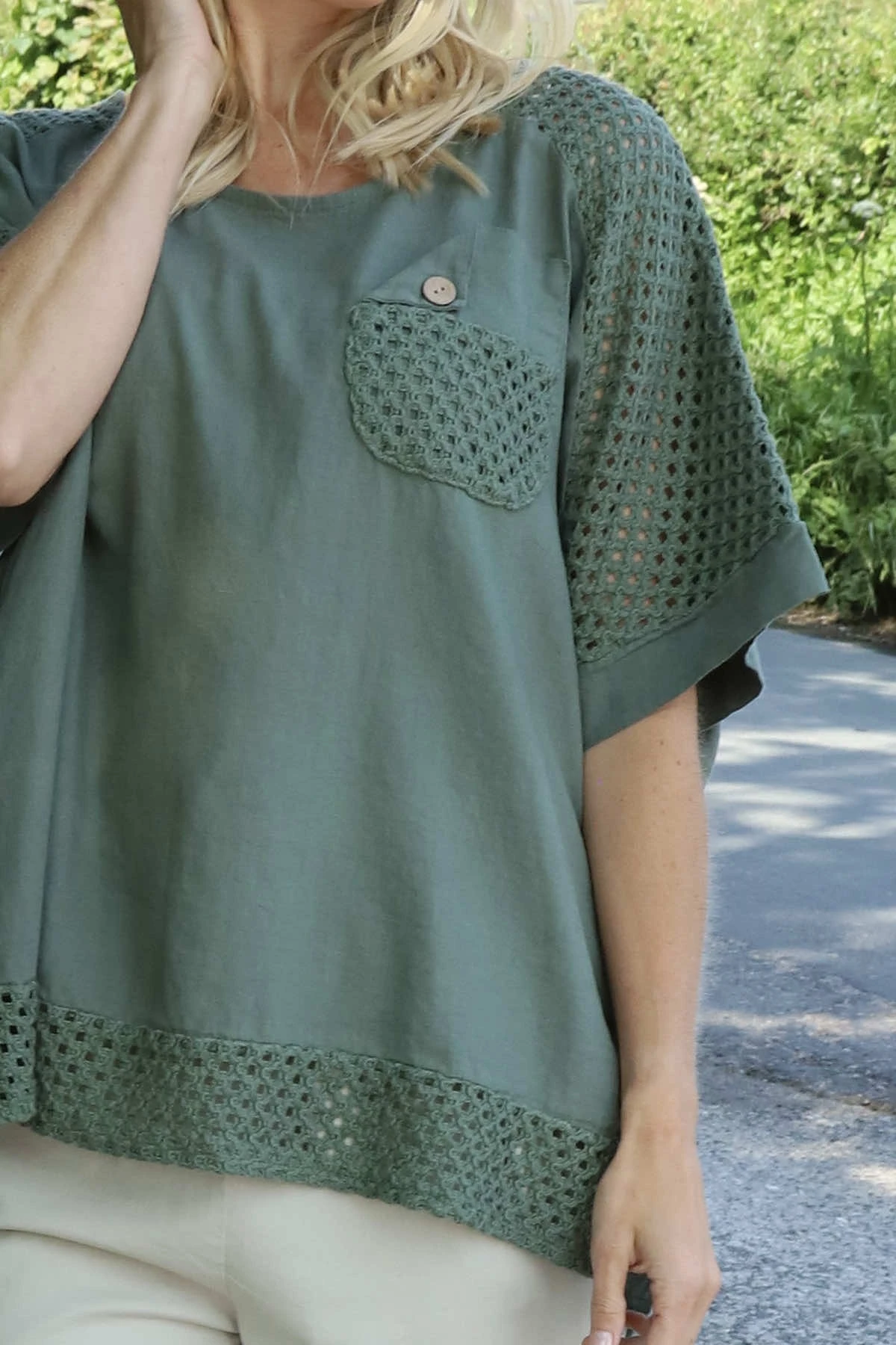 Kristiana Crochet Detail Linen Top Khaki 5 Kristiana Crochet Detail Linen Top Khaki - Image 3