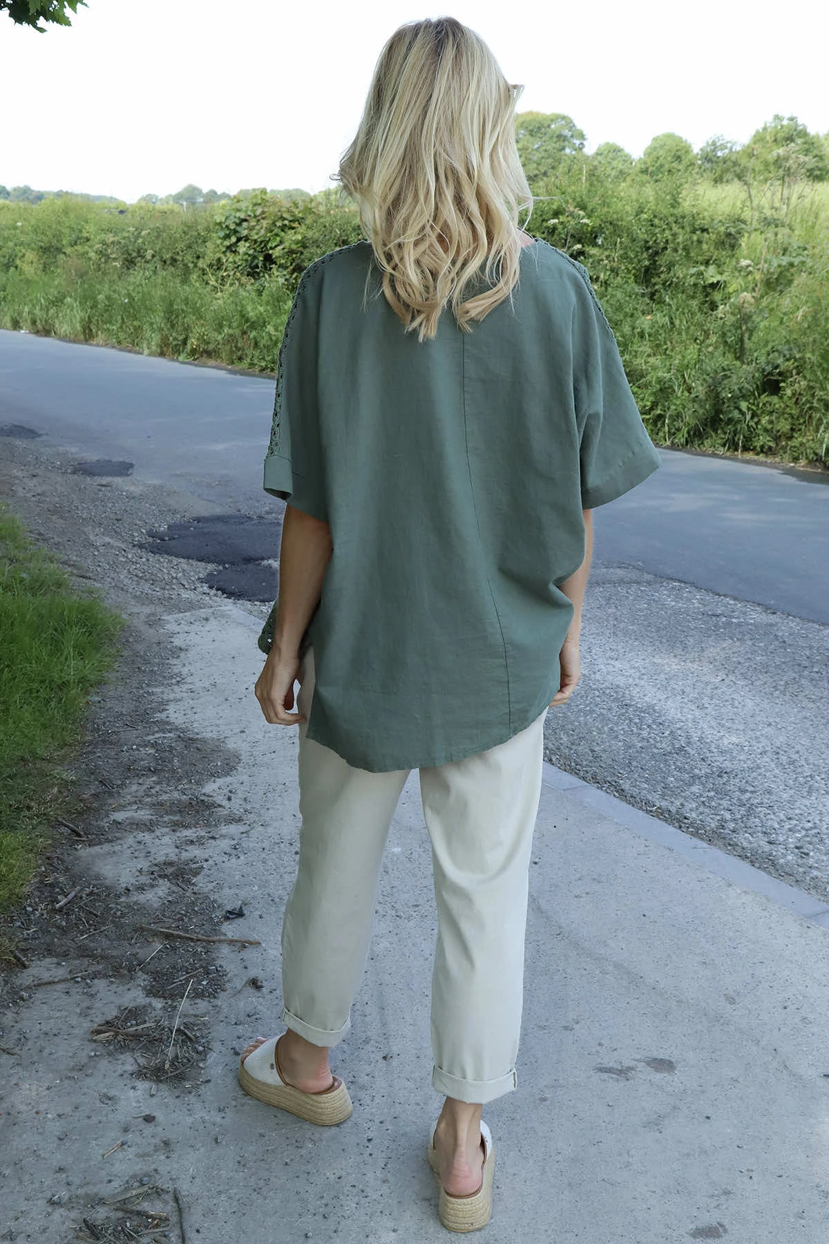 Kristiana Crochet Detail Linen Top Khaki 6 Kristiana Crochet Detail Linen Top Khaki - Image 4