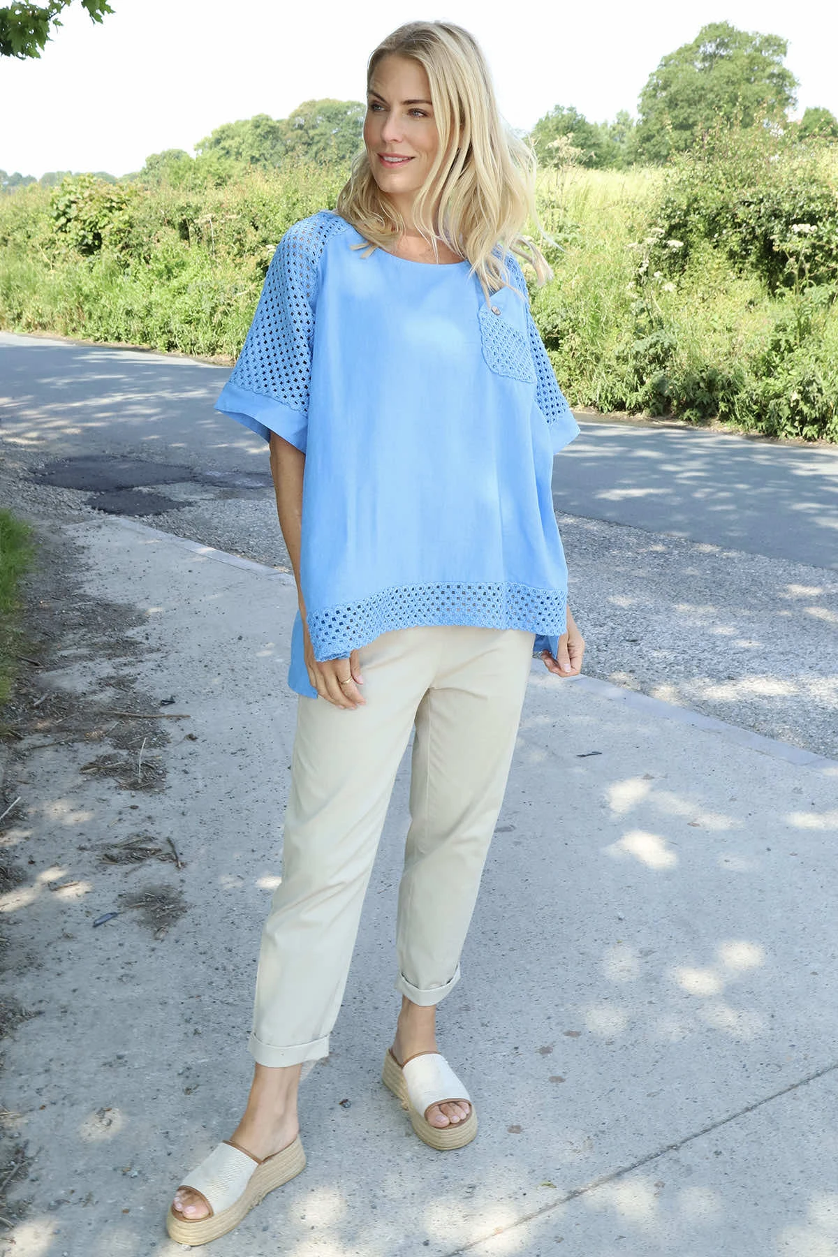 Kristiana Crochet Detail Linen Top Powder Blue 4 Kristiana Crochet Detail Linen Top Powder Blue - Image 2