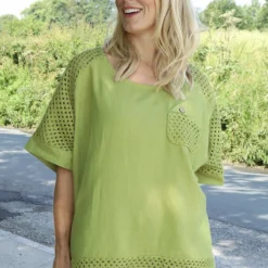 Kristiana Crochet Detail Linen Top Olive