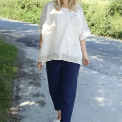 Kristiana Crochet Detail Linen Top Stone