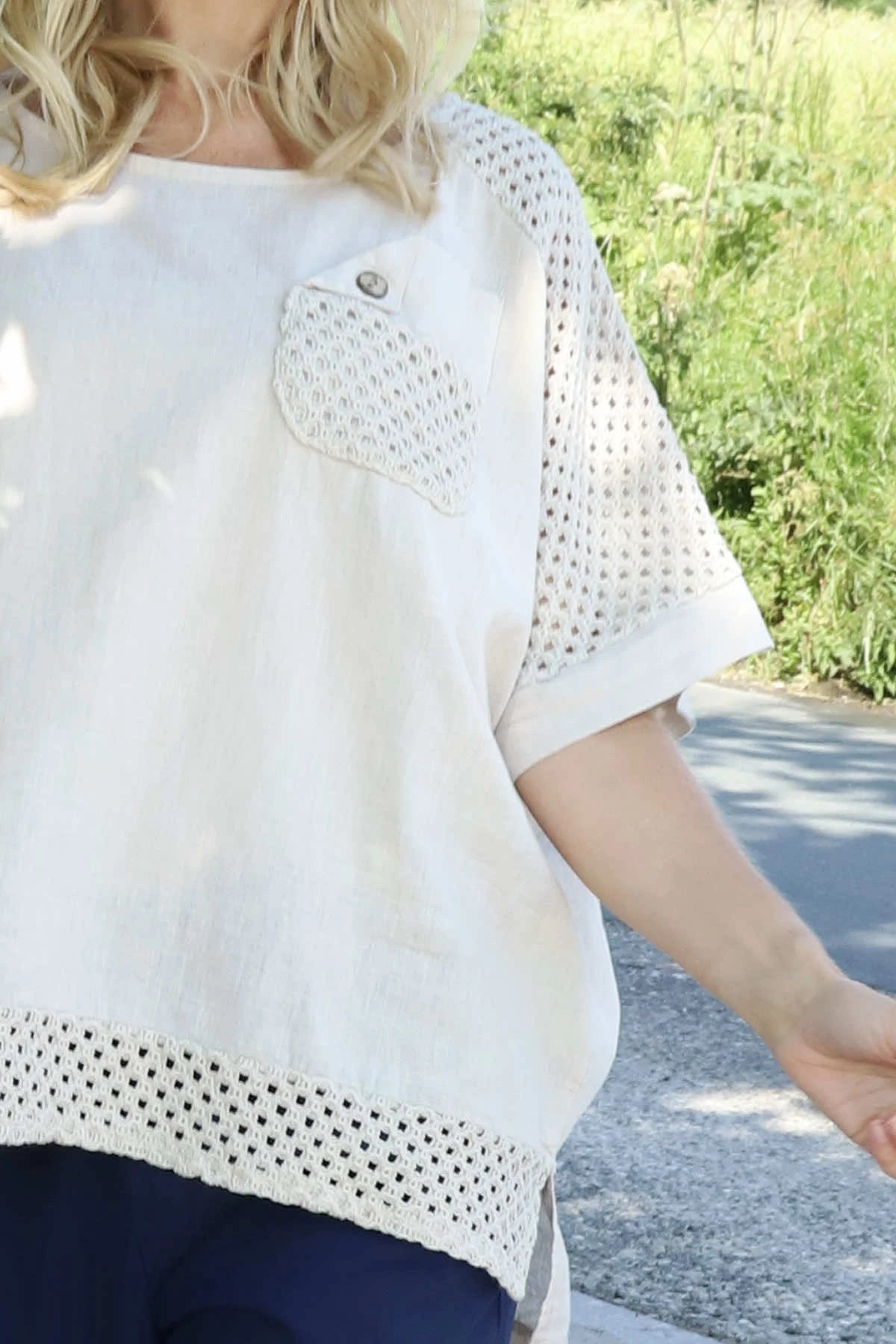 Kristiana Crochet Detail Linen Top Stone 5 Kristiana Crochet Detail Linen Top Stone - Image 3