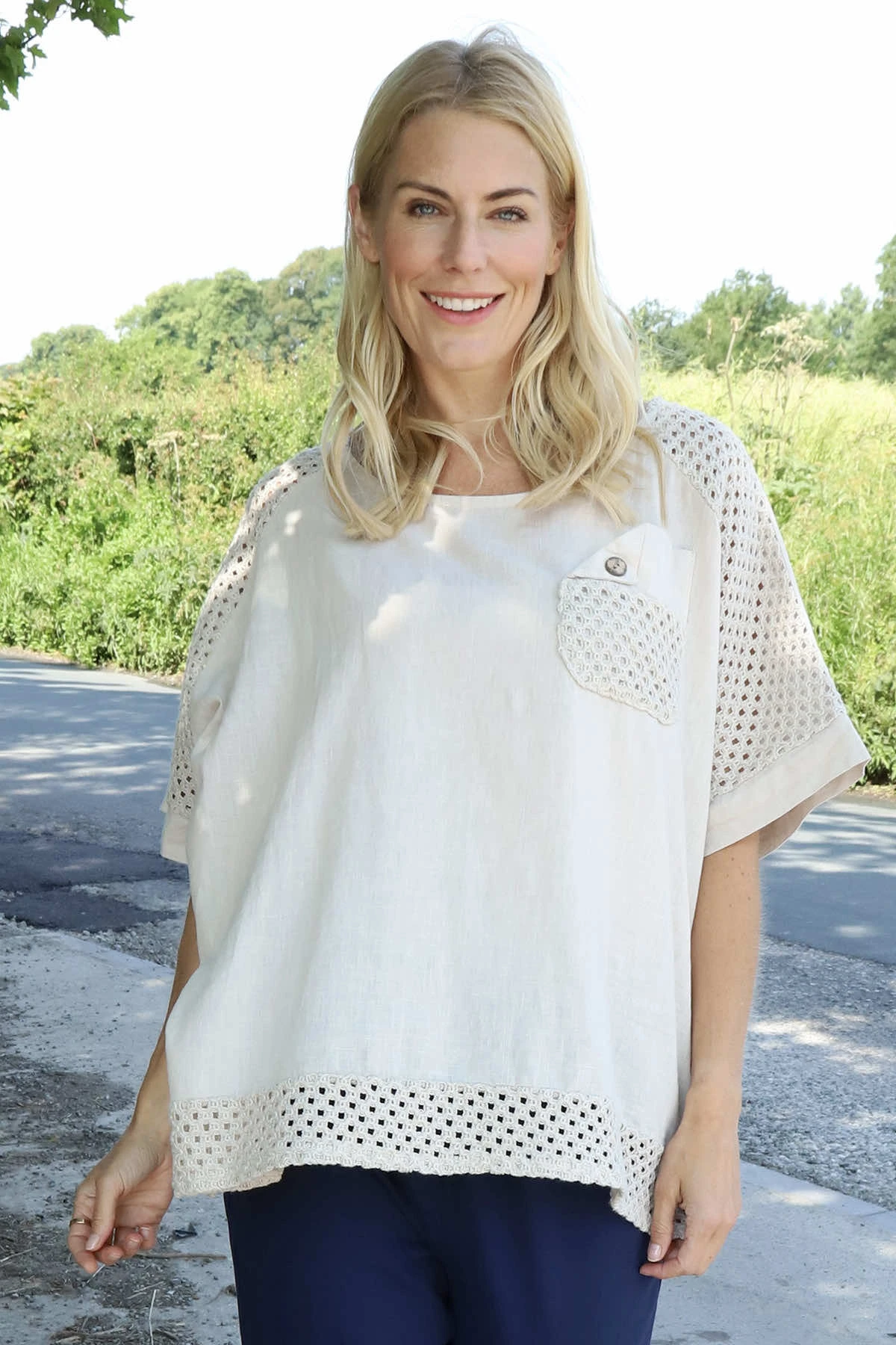 Kristiana Crochet Detail Linen Top Stone 4 Kristiana Crochet Detail Linen Top Stone - Image 2