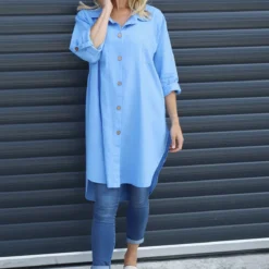Mariabella Longline Linen Shirt Powder Blue