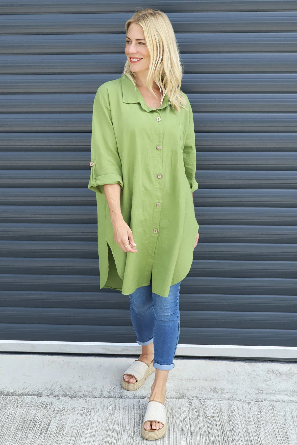 Mariabella Longline Linen Shirt Olive 4 Mariabella Longline Linen Shirt Olive - Image 2