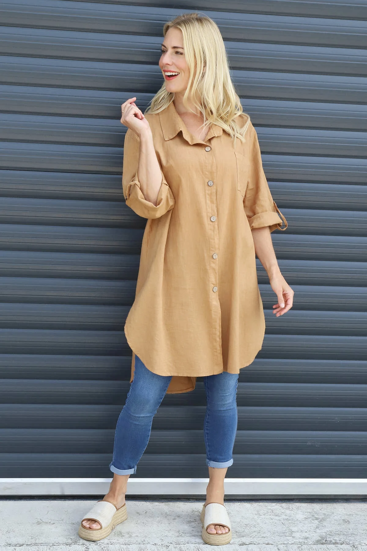 Mariabella Longline Linen Shirt Camel 3 Mariabella Longline Linen Shirt Camel