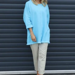 Melita Linen Top Aqua