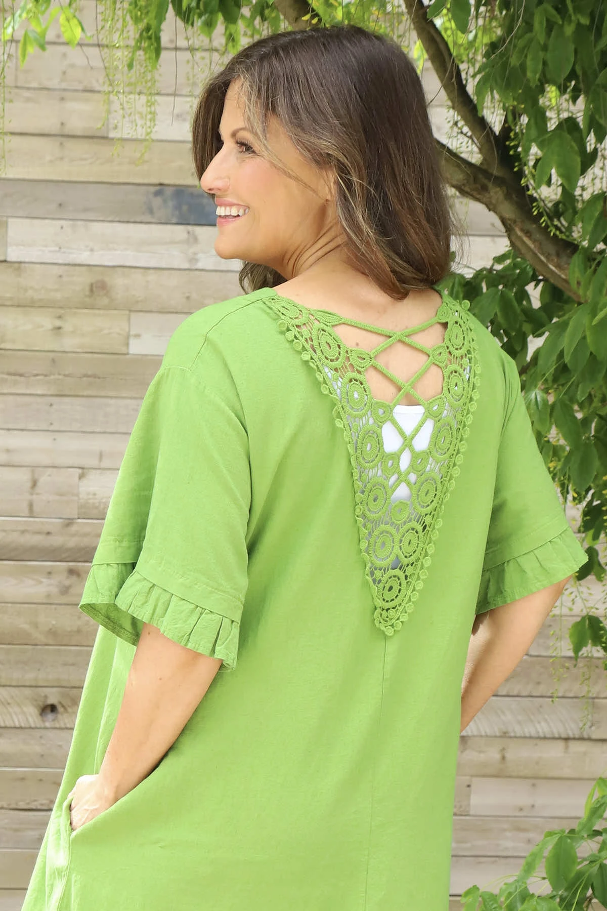 Fernanda Back Detail Linen Dress Olive 4 Fernanda Back Detail Linen Dress Olive - Image 2