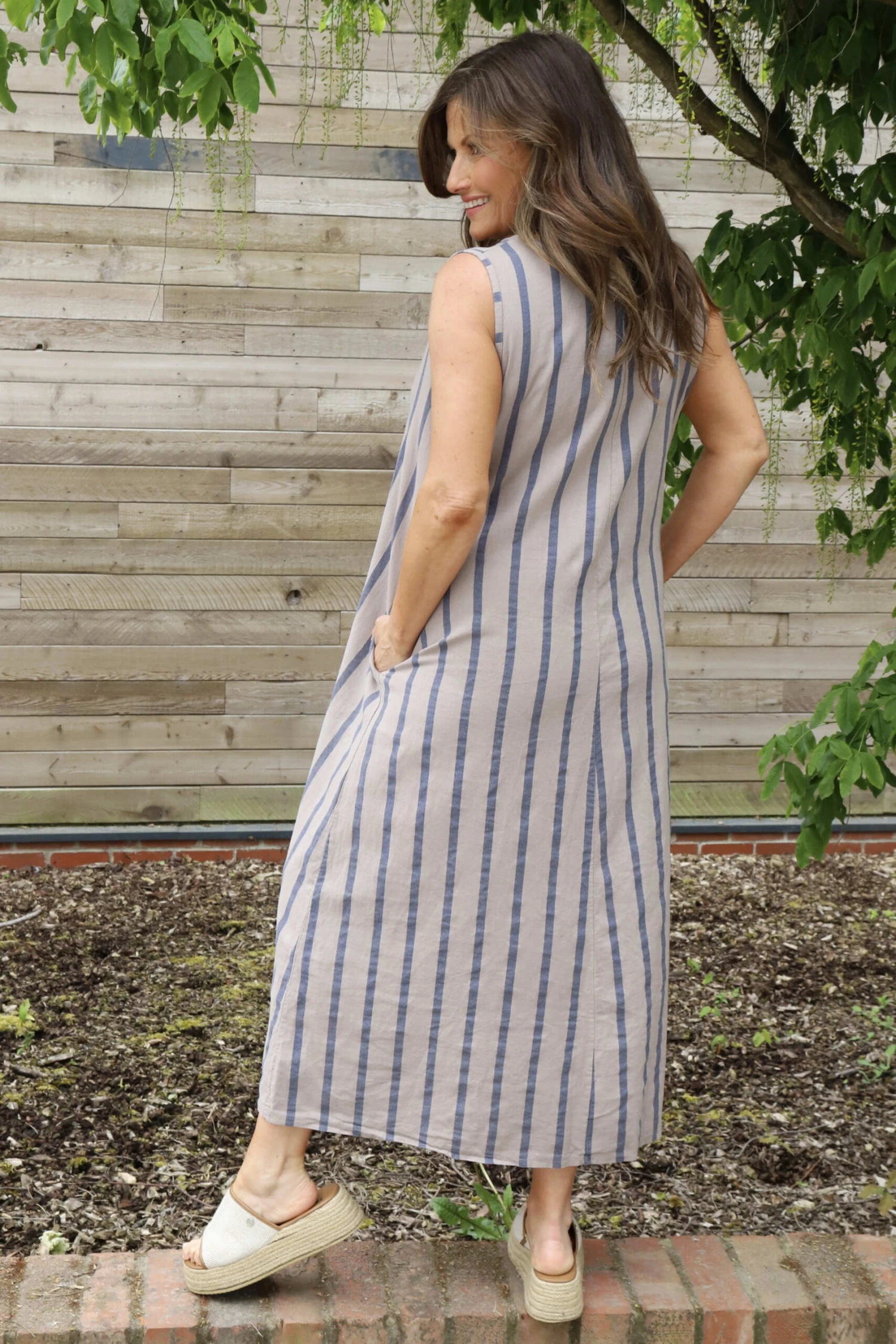 Enza Linen Sleeveless Stripe Dress Mocha 6 Enza Linen Sleeveless Stripe Dress Mocha - Image 4