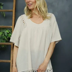 Katriel Embroidered Cotton Top Stone