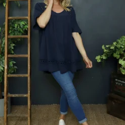 Katriel Embroidered Cotton Top Navy