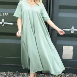 Ellerie V-Neck Linen Dress Khaki